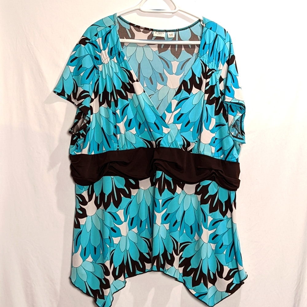 CATO 3X Top 26 28 Turquoise Blue Floral V-neck